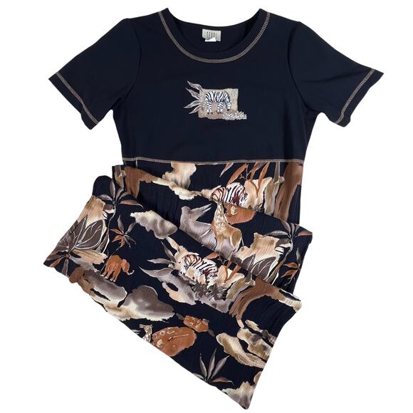 Vintage 90s Safari Print Maxi Dress M | Boho African Animal Zebra Giraffe Rayon - Picture 3 of 13